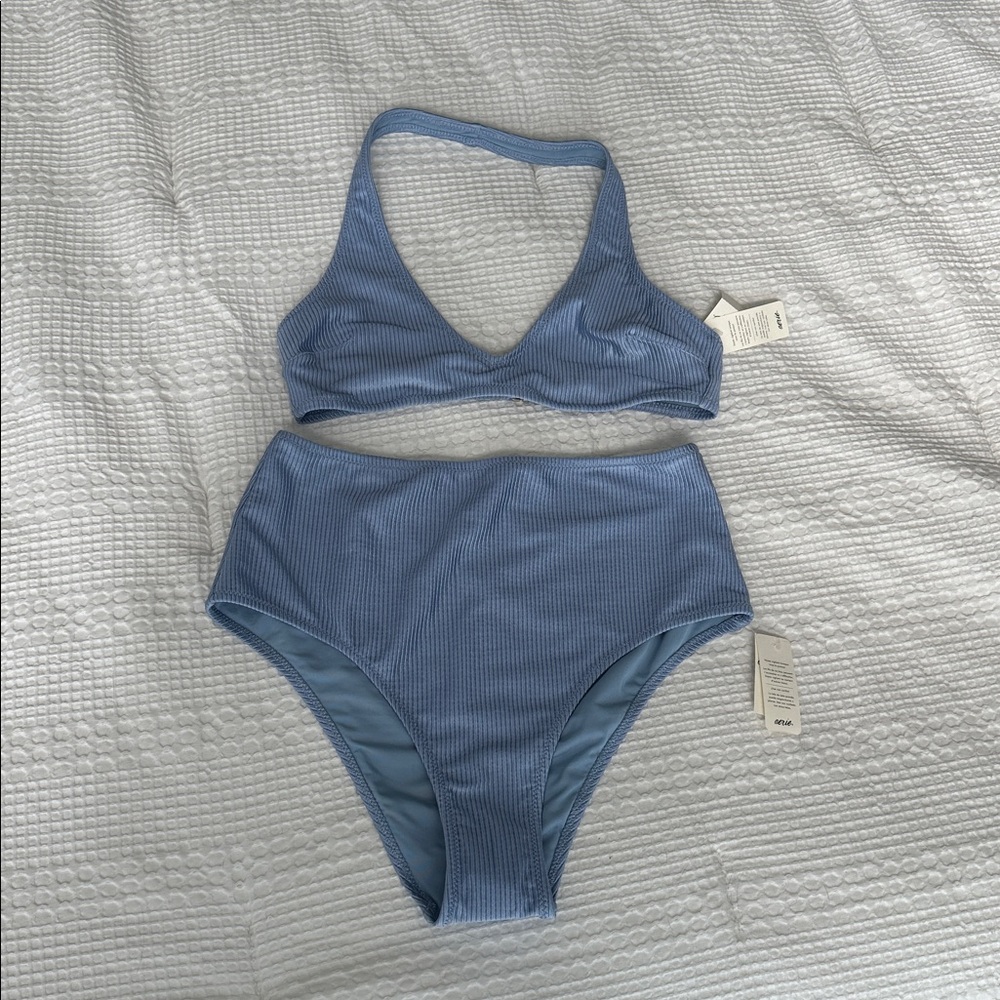 aerie Ribbed Light Blue High-Waist Bikini set